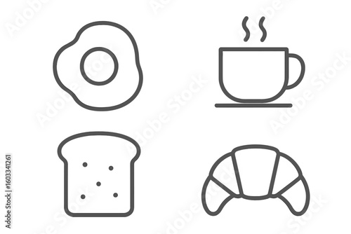 Breakfast icon set with editable outline. Morning food symbols for web and apps. Vector graphic elements including fried egg, hot coffee cup, toast bread, and croissant.