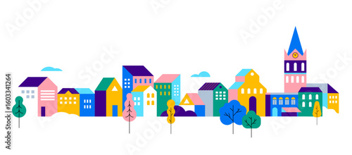 Colorful Cityscape Banner. Urban Skyline with Modern and Traditional Architecture.