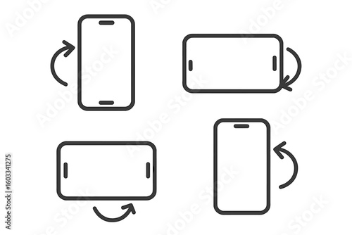 Rotate phone icon set. Smartphone screen orientation symbol. Mobile device rotation for UI and UX design. Turn vertical portrait or horizontal landscape view vector.