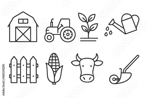 Farming and agriculture icon set. Farm life concept. Vector linear symbols. Editable outline icons. Contains barn, tractor, cow, corn, crop, plow, fence, watering can.