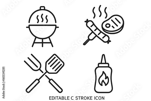Barbecue grill line icon set. Summer outdoor picnic party cookout concept. BBQ food, grilling meat, steak, sausage, hot sauce, utensils. Vector linear graphic element.