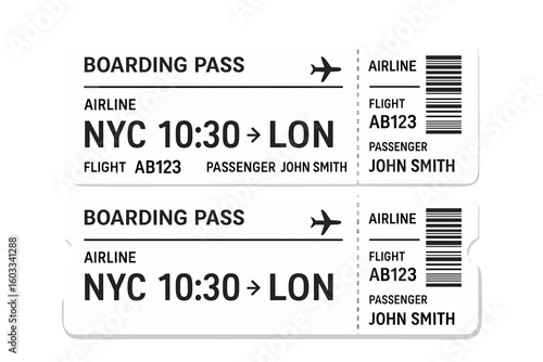 Airline ticket vector. Boarding pass design. Travel by air. Flight concept. Passenger journey. Vacation coupon. Tourism transportation. Airport check-in. Admission pass template.