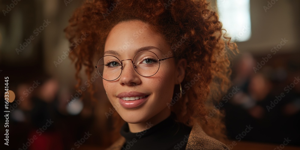Fototapeta premium Smiling young african female with curly hair and glasses in church setting