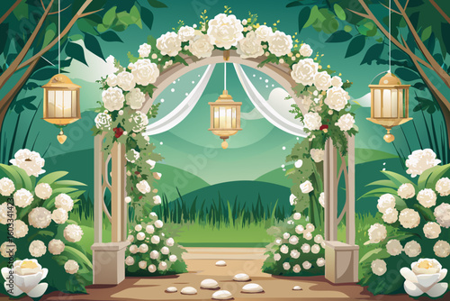 vector of Wedding decor. venue The arch is full of beautiful flowers with white blossoms and a white net, grass and two beautiful lanterns.