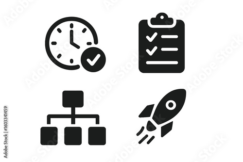 Project management icon set. Time management clock, task checklist, organization flowchart, startup rocket launch. Business success, efficiency, and growth concept vector.