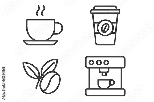 Coffee icon set. Line art symbols for cafe and coffeehouse. Vector collection of hot drink, espresso cup, takeaway paper cup, coffee bean, and coffee machine icons.
