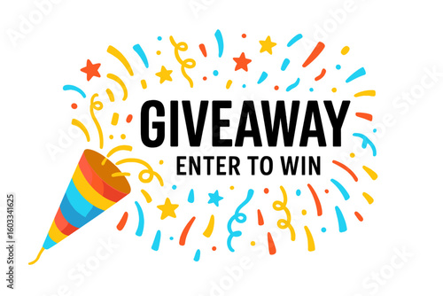 Giveaway enter to win banner. Festive party popper with confetti explosion. Contest announcement for social media promotion. Special offer prize competition template vector.