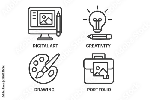 Graphic design and creative process line icon set. Vector symbols for digital art, creativity, drawing, and artist portfolio. Modern outline pictograms for web design and UI.