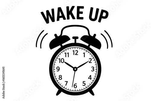 Alarm clock ringing icon with Wake Up text. Loud signal for morning alert. Time to get up from bed. Deadline, schedule, and daily routine concept. Classic retro vector.