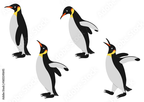 横向きの歩いたり下を覗きこむコウテイペンギンのイラストのセット
