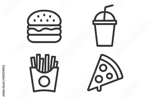 Fast food icon set. Vector linear icons for junk food concepts. Hamburger, pizza slice, french fries, and soda drink symbols for restaurant menu, web, and apps. Editable.
