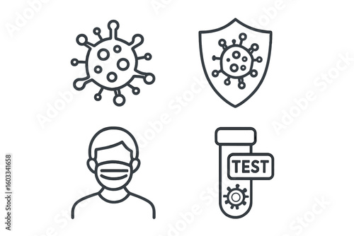 Coronavirus pandemic line icon set. Covid-19 virus, protection shield, face mask and medical test tube icons. Health care and disease prevention vector symbols collection.