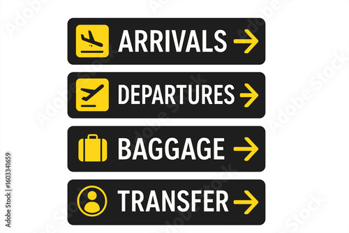 Airport navigation sign vector set. Arrivals, departures, baggage claim, transfer information board. Directional panel icons for passenger terminal wayfinding. Travel concept.