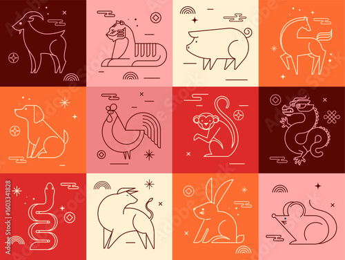 Chinese horoscope zodiac signs collection, geometric linear minimalist style. Animals symbols for Chinese New year.