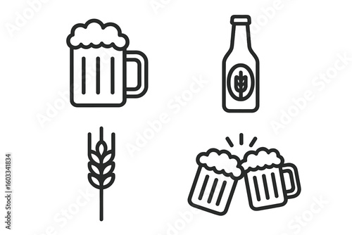 Beer icon set. Craft beer, brewery and pub line icons. Lager, ale, wheat and barley symbols. Toasting cheers mugs, bottle and glass vector. Editable stroke pictogram.