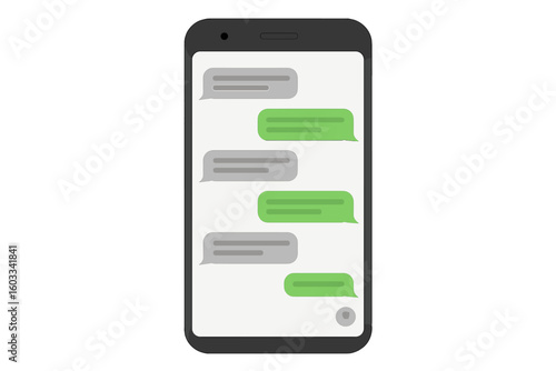 Smartphone chat bubbles on screen. Mobile phone messaging app interface. Text message conversation. Social media communication concept. Vector illustration, flat design.