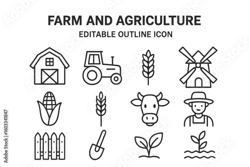 Farm and agriculture line icon set with editable stroke. Vector symbols of farming, rural life. Includes barn, tractor, windmill, wheat, corn, cow, farmer, harvest concept.