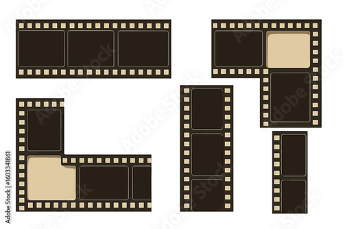Set of vintage film strips. Retro movie reel frames. Cinema photography border collection. Old celluloid negative for photo album or video design element. Vector concept.