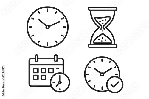 Time management outline icons set. Analog wall clock, sand hourglass, calendar schedule with stopwatch, punctuality tick. Thin line planning, deadline reminder vector illustration