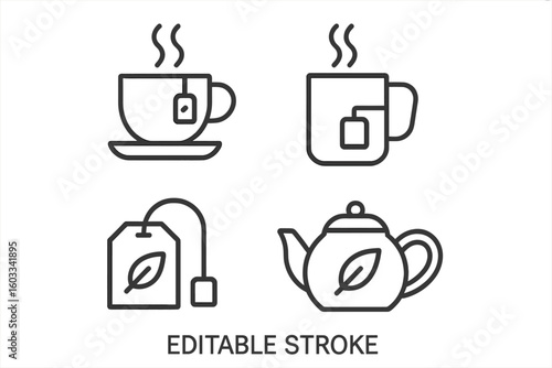 Tea line icon set. Teapot, cup, mug, teabag vector symbols collection. Hot drink, beverage outline pictograms for cafe menu, web, application design. Editable stroke graphic.