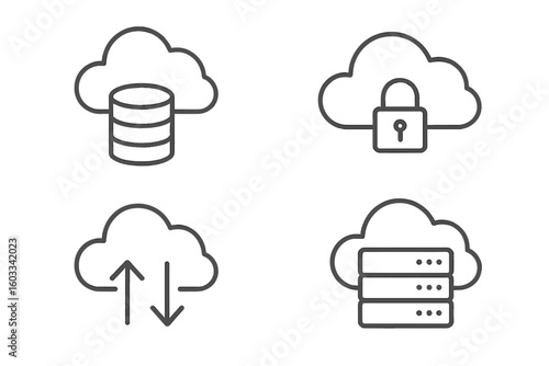 Cloud storage line icons set vector illustration. Outline symbols of database security, encrypted server, data upload download, cloud computing network, information backup