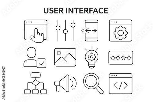 User interface line icon collection, minimalist linear pictograms, UI UX web mobile app controls like slider gesture gear rating hierarchy search code on transparent background