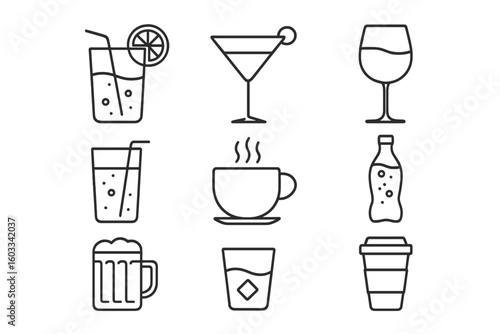 Outline Icons of Various Drinks. Linear Vector Collection: Lemonade, Cocktail, Wine, Beer, Coffee, Tea, Soda, Hot and Cold, Alcoholic and Non-Alcoholic Beverages. Minimalist Drink Glass Set