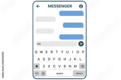 Chat app messenger interface vector illustration. Mobile phone screen with social media communication. Blank message bubbles for conversation dialogue. Smartphone keyboard and text box.