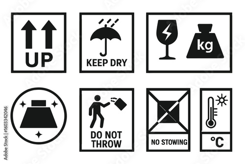 Shipping and Handling Symbols for Packaging: Vector Set of Fragile, Keep Dry, Do Not Throw, This Side Up, No Stowing, Temperature Markings, Cargo Care Icons for Box Labels