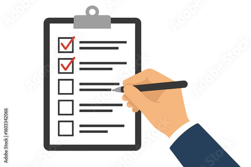 Businessman hand with a pen marking a checklist on a clipboard. Concept of task management, completing a to-do list, filling out a survey form, or signing a document.