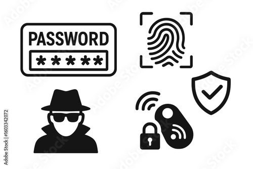 Security icons collection. Password, fingerprint scan, hacker, shield. Concept of cybersecurity, data protection, biometric identification, privacy, and secure access.