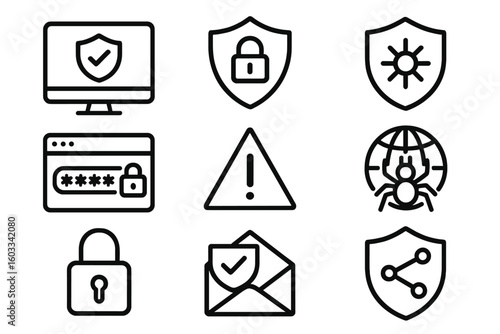 Cyber Security Vector Icons Set: Data Protection, Network Firewall, Malware Alert, Password Safe, Secure Communication, Spider Bot Threat, Warning Symbol, Shield Lock, Email Privacy