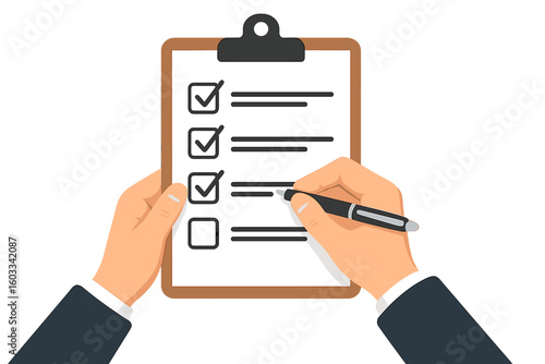 Businessman hands holding clipboard with checklist and pen. Man filling survey form, signing document. To-do list, task completed concept. Business management vector illustration.