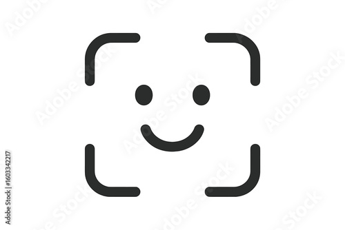 Biometric verification and face recognition icon. Facial scanning for security, identity authentication, and access control. Simple smiling face for successful login. UI UX symbol.