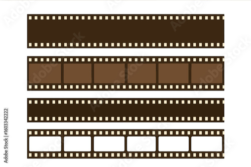 Realistic Film Strip Vector Set. Vintage Photo Filmstrips with Blank and Framed Exposures. Isolated Cinema Reel Borders. Empty Analog Movie Strips. Dark Brown Transparent Background Clipart