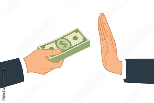 Stop corruption and bribery concept. Businessman hand refusing an offered bribe in cash. No to illegal money and financial crime. Vector illustration of integrity and honesty.