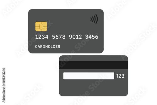 Vector credit card front and back view. Debit card mockup with chip, magnetic stripe, and contactless payment symbol. Finance, banking and e-commerce concept illustration.