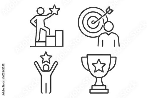 Success Icons Line Art Collection. Business Achievement, Goal Reaching, Personal Growth, Career Advancement, Reward, Competition Victory, Winner Trophy, Target, Champion Concept Vector Set