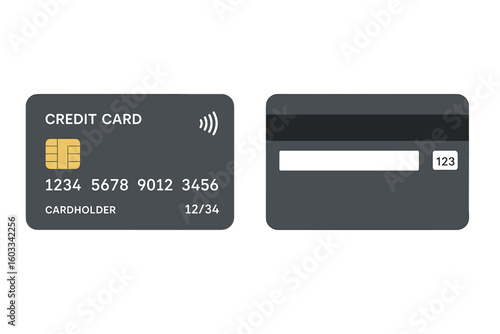 Credit and debit card vector icon. Front and back view mockup with contactless payment, chip, magnetic stripe for secure finance, banking, online shopping, and purchasing.