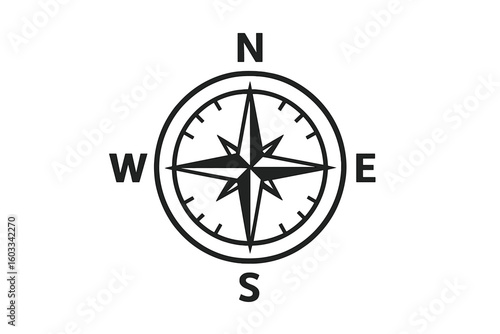 Vintage Wind Rose Directional Compass Icon with North South East West Letters, Classic Black Navigation Symbol, Simple Nautical Compass Rose Vector Illustration Isolated on White Background