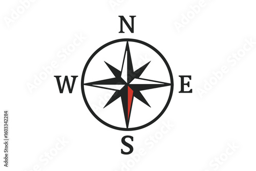 Compass rose icon showing cardinal directions north south east west, black and red windrose navigation symbol, isolated vector clipart for wayfinding, map orientation, travel asset