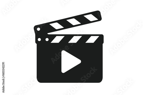 Black Clapperboard Icon with Play Button Vector Illustration, Movie Film Clapper Board Symbol, Flat Style Design for Video Production, Cinema, Film Industry, Media, and Entertainment
