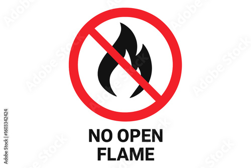 Caution No Open Flame Safety Warning Sign, Red Prohibition Circle with Black Flame Symbol, Fire Hazard Alert, Construction Site, Industrial Area, Safety Compliance, Vector Illustration