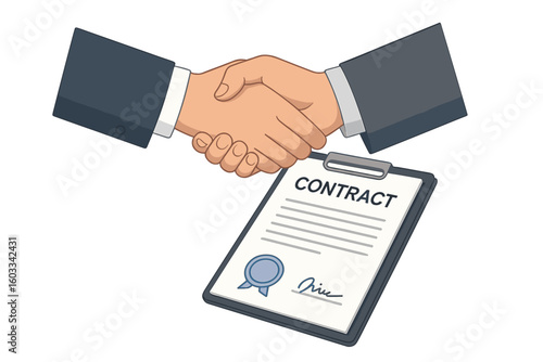 Business contract signing concept. Handshake for a successful deal and agreement. Partnership success symbol. Signed document with signature and seal. Vector illustration of a deal.