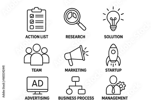 Business Solutions Icons Set for Web and Mobile App, Action List, Research, Teamwork, Marketing, Startup, Advertising, Business Process, Management, Strategy and Growth Vector