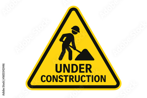 Under construction sign with digging worker silhouette. Yellow triangle warning symbol. Work in progress icon for website maintenance, road work, and safety alert vector.