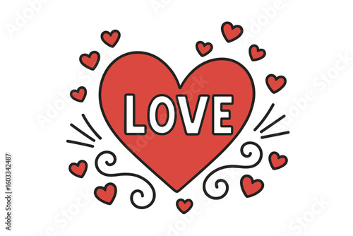 Valentine heart love illustration with bold red heart, white "LOVE" text, swirling lines, scattered small hearts, romantic cartoon vector, emotion, affection, romance, holiday symbol