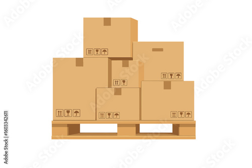 Various cardboard boxes stacked on a wooden pallet, front view of warehouse packaging cargo ready for delivery, carton boxes vector illustration showing logistics shipping