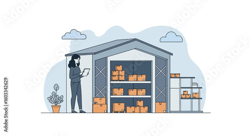 Warehouse management with tablet and box storage in modern outline style