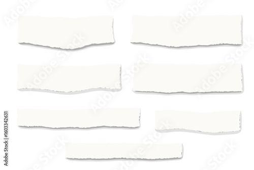Set of torn white paper strips and ripped edges, blank note banners for scrapbook design, collage, DIY craft, advertising mockup on transparent background, realistic vector illustration collection